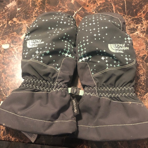 North Face Dark Gray Teal Blue Junior Mitten Winter Gloves Size Large - Picture 2 of 9